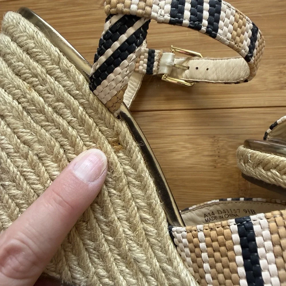 Cole Haan Hart Wedge Sandals Womens 9.5B Striped‎ Espadrille Ankle Strap Gold